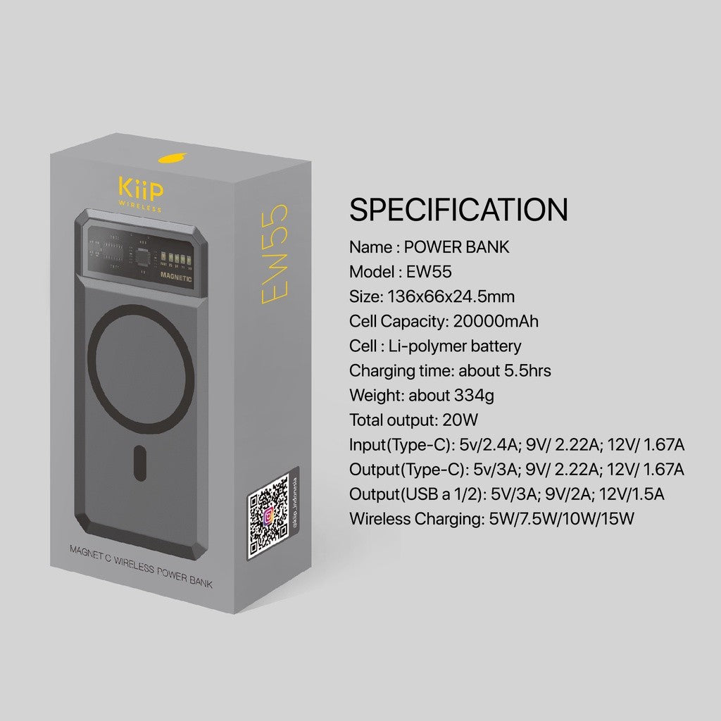 KiiP Wireless EW55 Power Bank Magnetic Magsafe 20W Fast Charging Type C PD 20000mAh