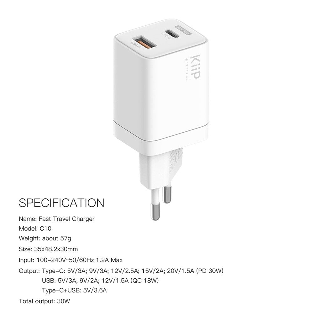 KiiP C10 Kepala Charger 30W Travel Fast Charger
