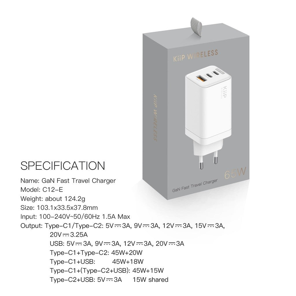 KiiP Wireless C12 GaN Charger 65W Adaptor Kepala Charger Fast Charging PD QC Type C