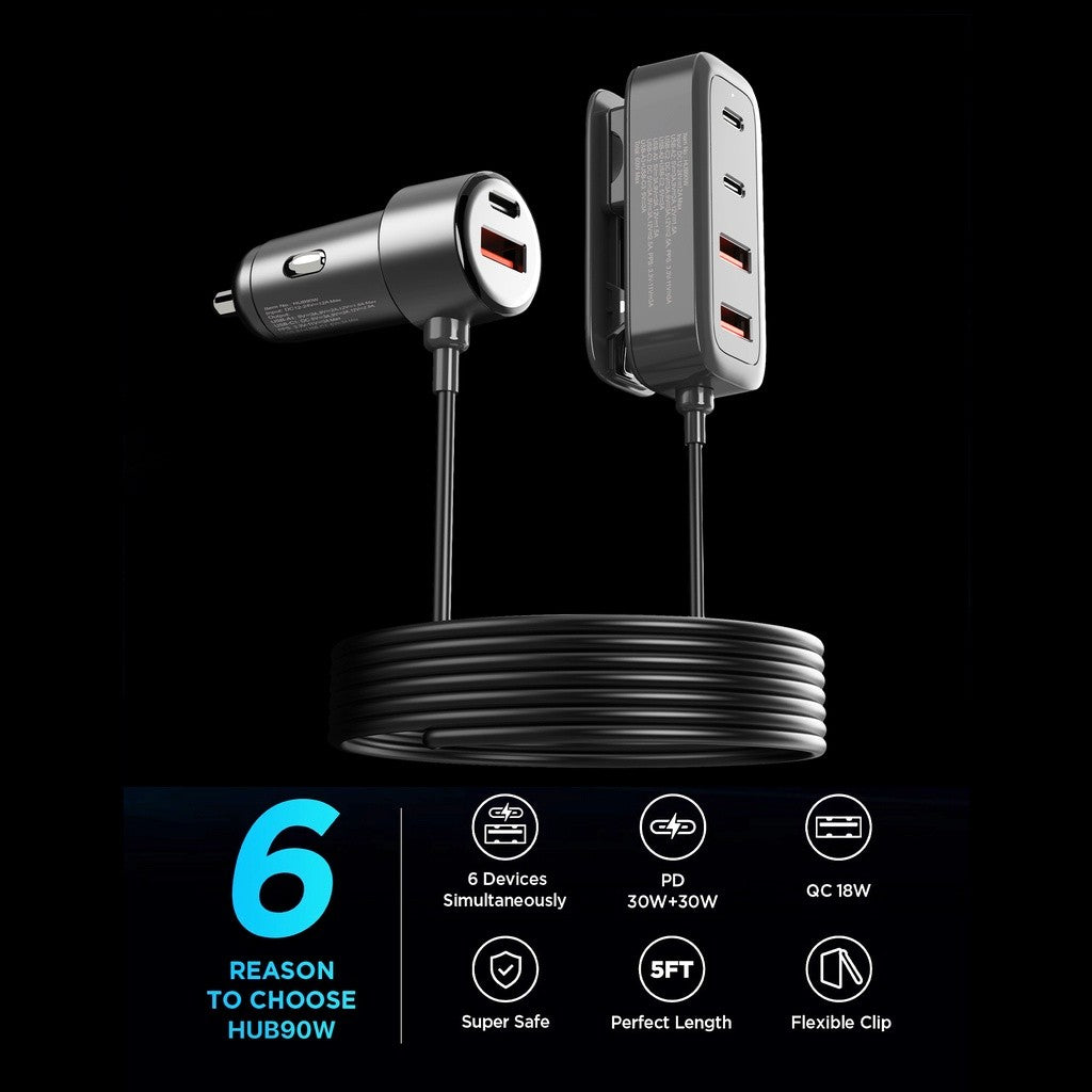 KiiP HUB90W Car Charger Mobil 90W Ultra Fast Charging 6 Ports Type-C USB Adapter PD QC