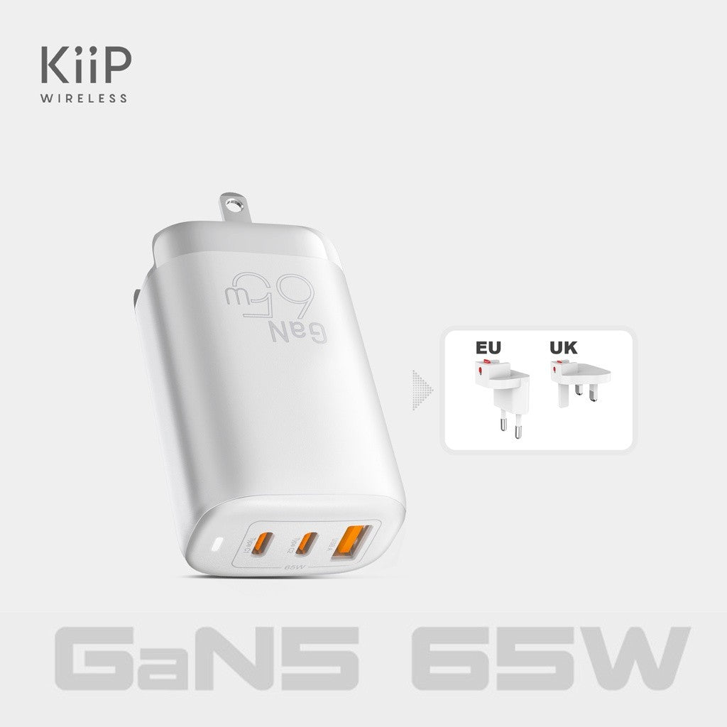 KiiP GaN Travel Charger 65W USB A+2 Type-C GaN fast charger US+EU+UK plug