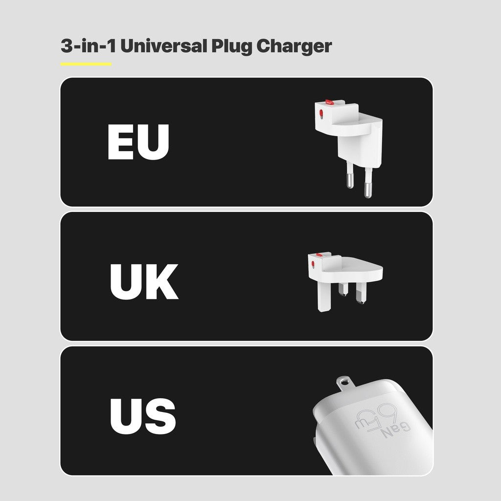 KiiP GaN Travel Charger 65W USB A+2 Type-C GaN fast charger US+EU+UK plug