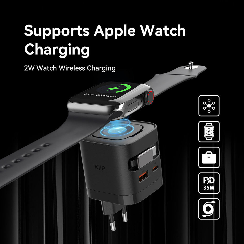 KiiP WH30 3in1 Adapter Fast Charger GaN 35W Retractable Cable Built in Magnetic Wireless Apple Watch
