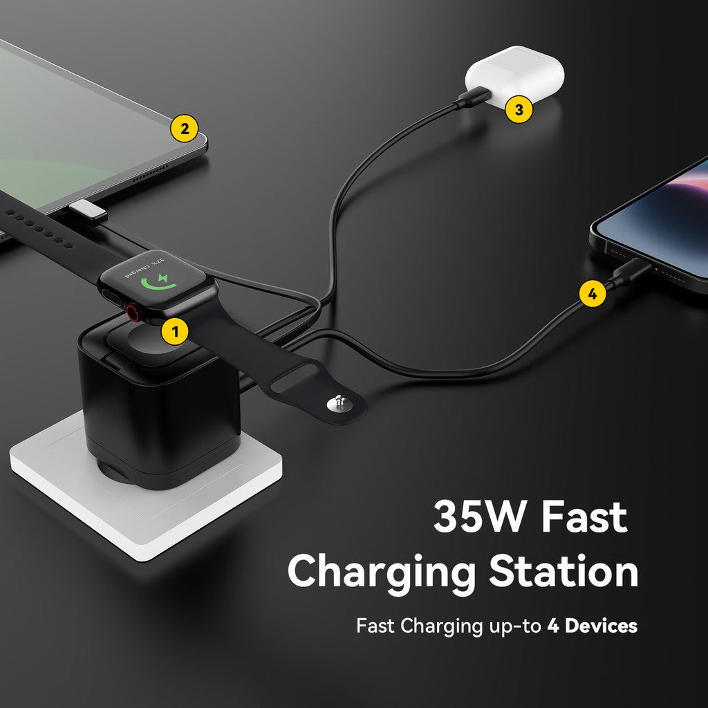 KiiP WH30 3in1 Adapter Fast Charger GaN 35W Retractable Cable Built in Magnetic Wireless Apple Watch