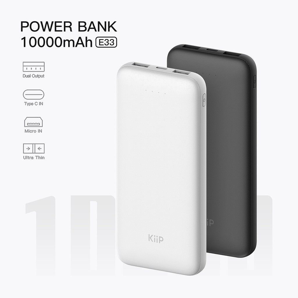 KiiP E33 Power Bank Slim 10000mAh Dual Input Type-C Micro USB Port