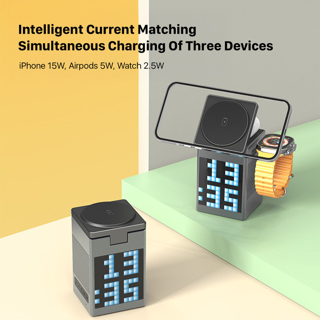 KiiP Wireless T3 6in1 Wireless Charging Station Fast Charging 15W Qi2 LED Speaker Portable