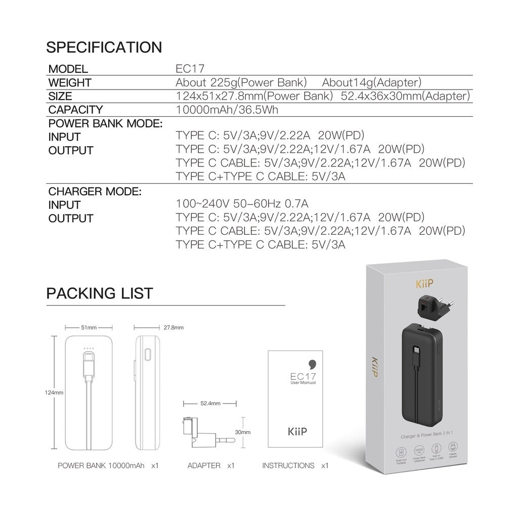 KiiP EC17 Power Bank Fast Charging 20W 2in1 EU Adapter Quick Charging 10000mAh