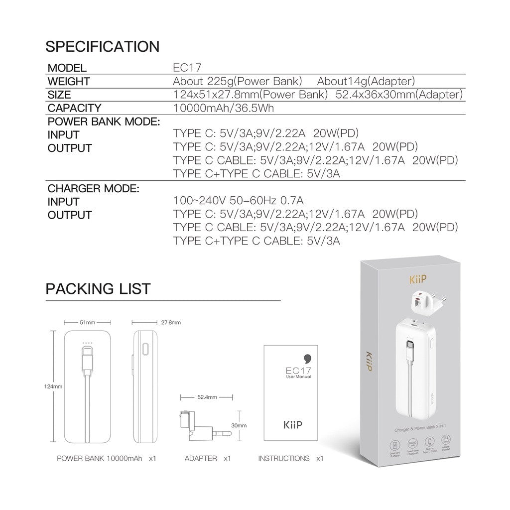 KiiP EC17 Power Bank Fast Charging 20W 2in1 EU Adapter Quick Charging 10000mAh