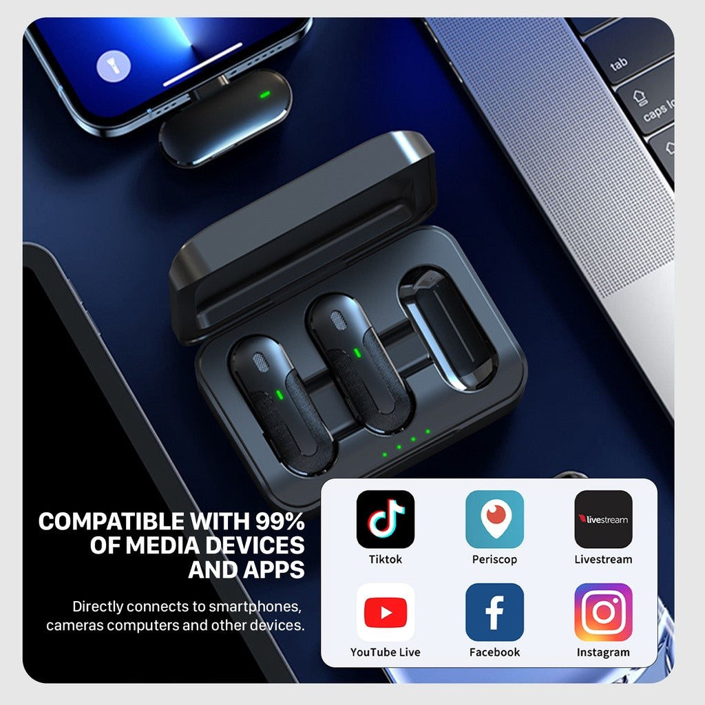 KiiP Wireless M8 Microphone Portable Dual Mic Wireless Clip On 2 In 1 Podcast Vlog Youtuber