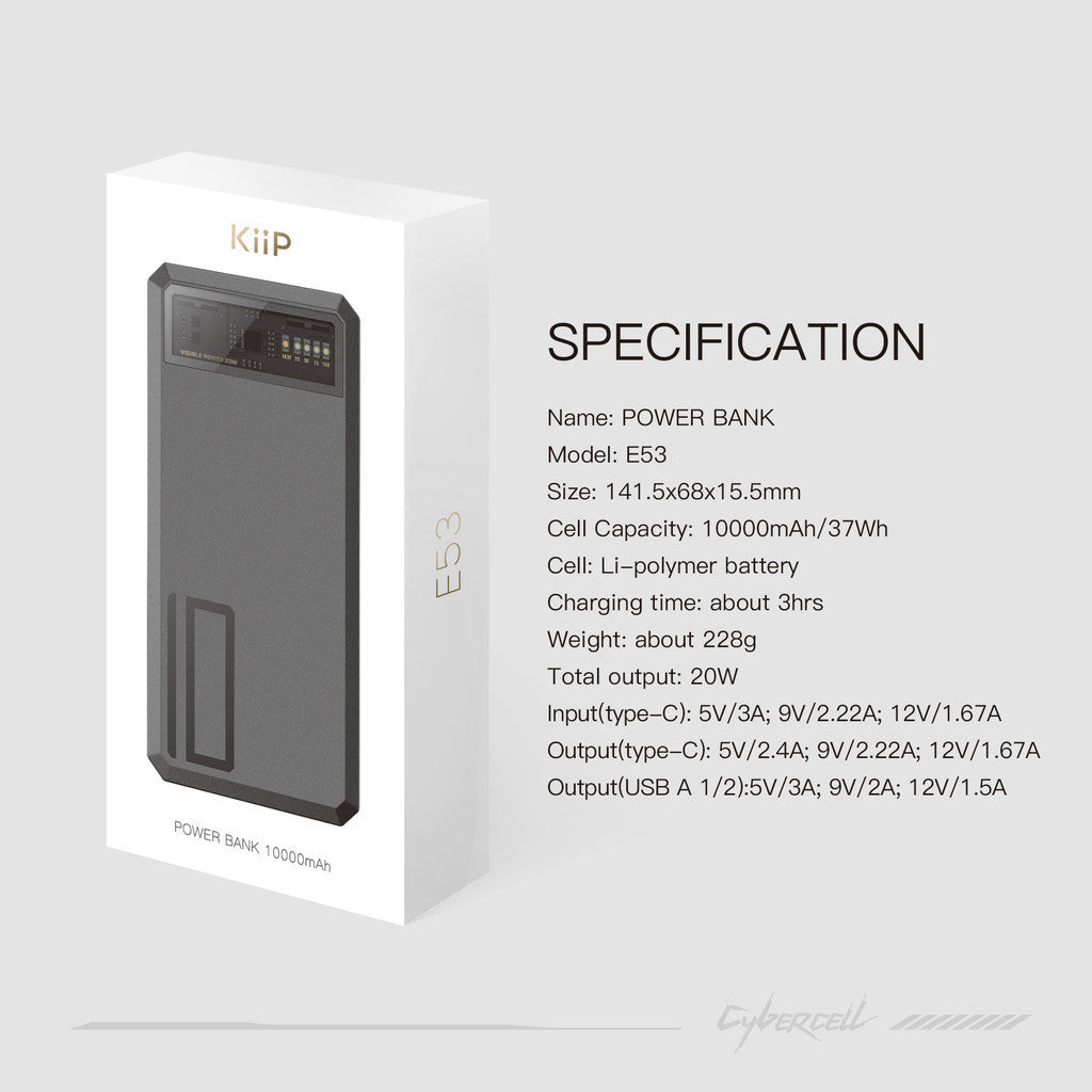 KiiP E53 Power Bank Fast Charging 20W Type C USB Port 10000mAh