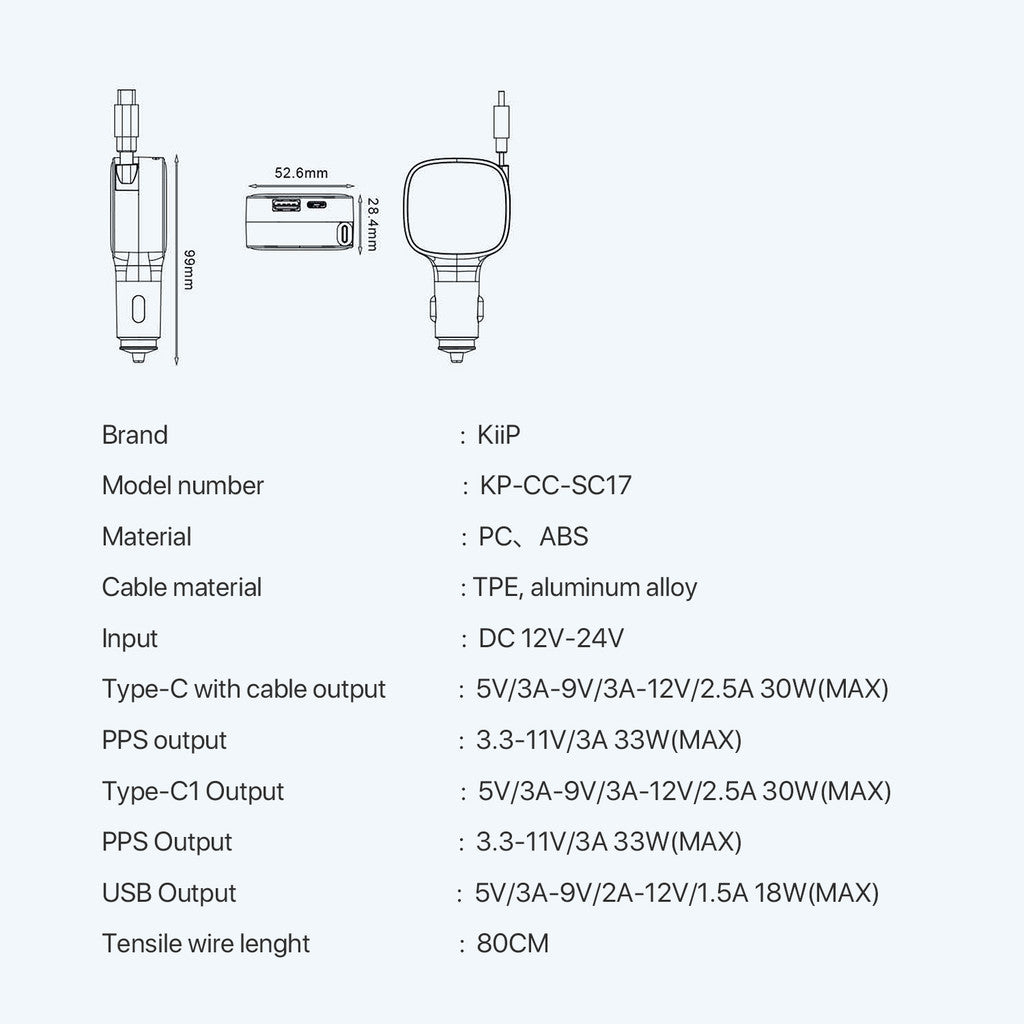 KiiP SC17 Car Charger Retractable PD 84W Charger Mobil Fast Charging