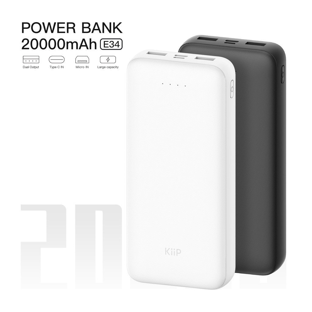 KiiP E34 Power Bank 20000mAh Dual Input Type-C Micro Dual Output USB Powerbank Slim