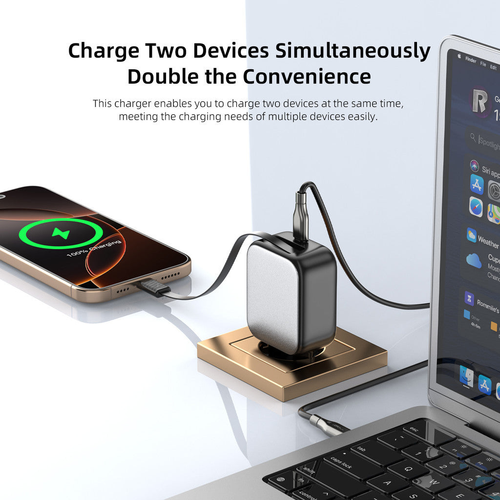 KiiP C30T Kepala Charger GaN PD Fast Charging 30W Retractable Built In Cable Type C
