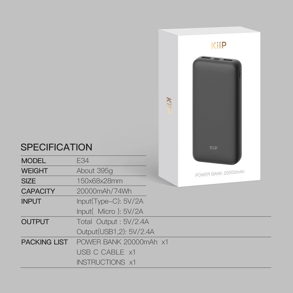 KiiP E34 Power Bank 20000mAh Dual Input Type-C Micro Dual Output USB Powerbank Slim