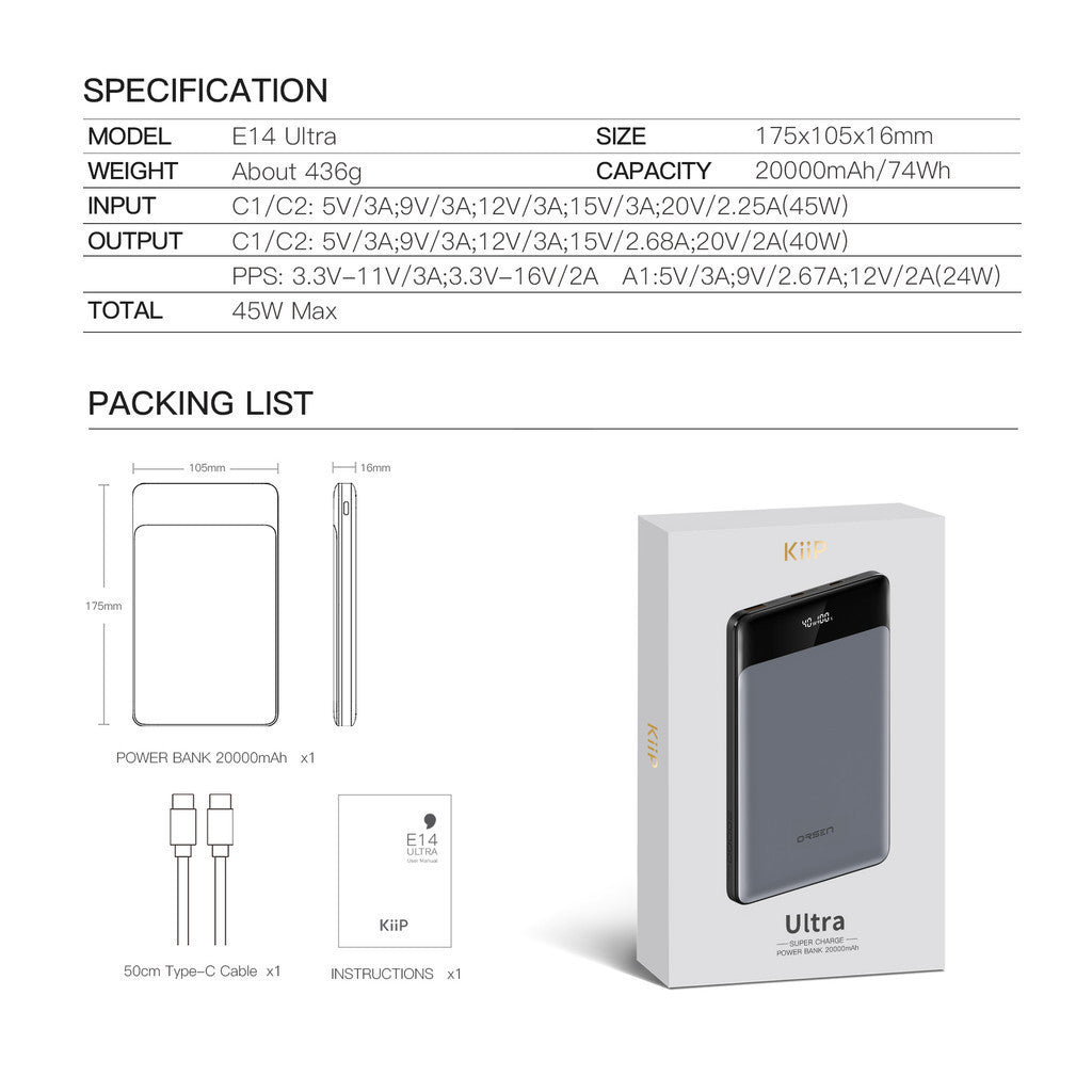 KiiP E14 Power Bank 20000mAh Fast Charging 45W Powerbank Slim LED Display