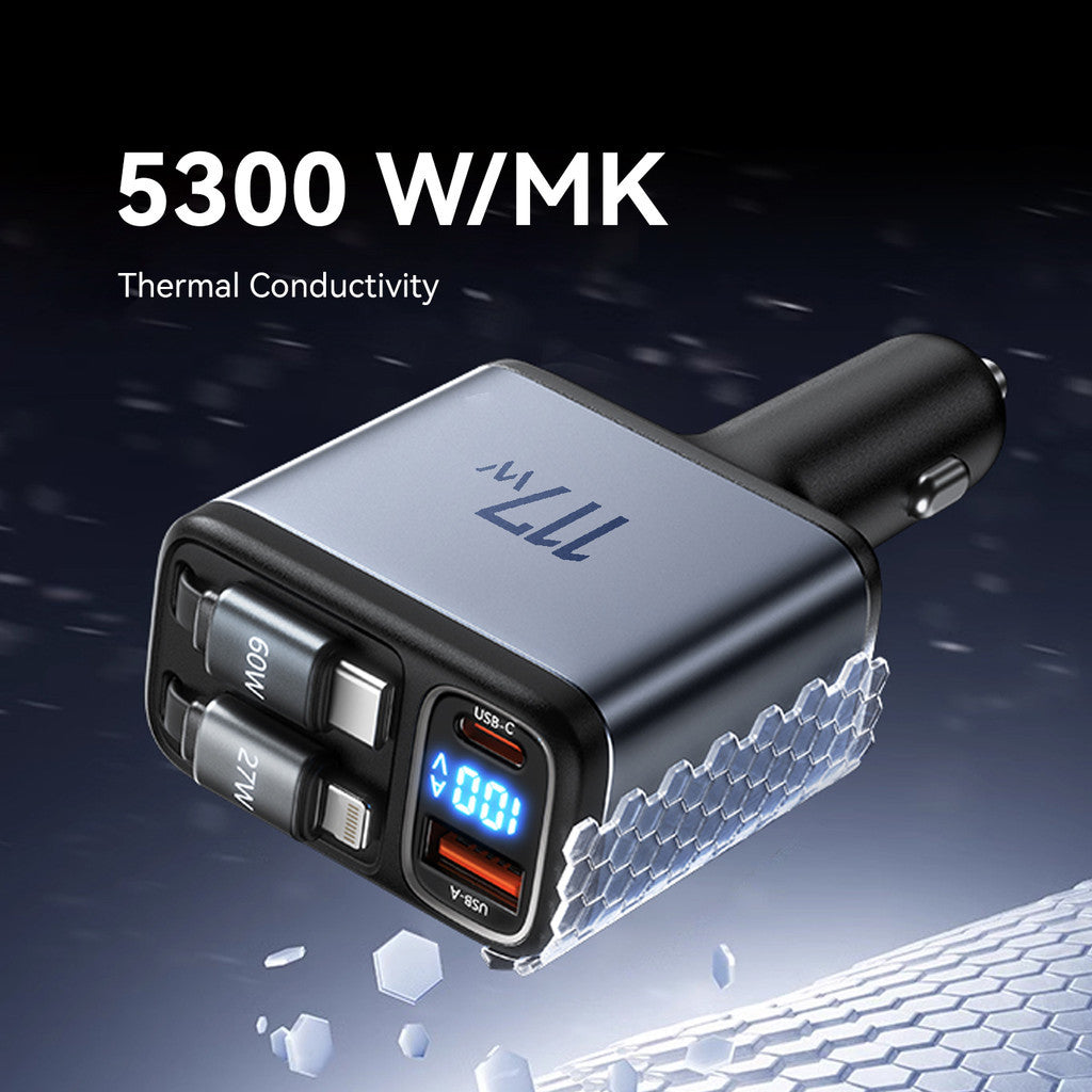 KiiP SC18 Car Charger 4 in 1 Super Fast Charging PD 117W Charger Mobil Built-in Rectractable Cable Type-C+Lightning