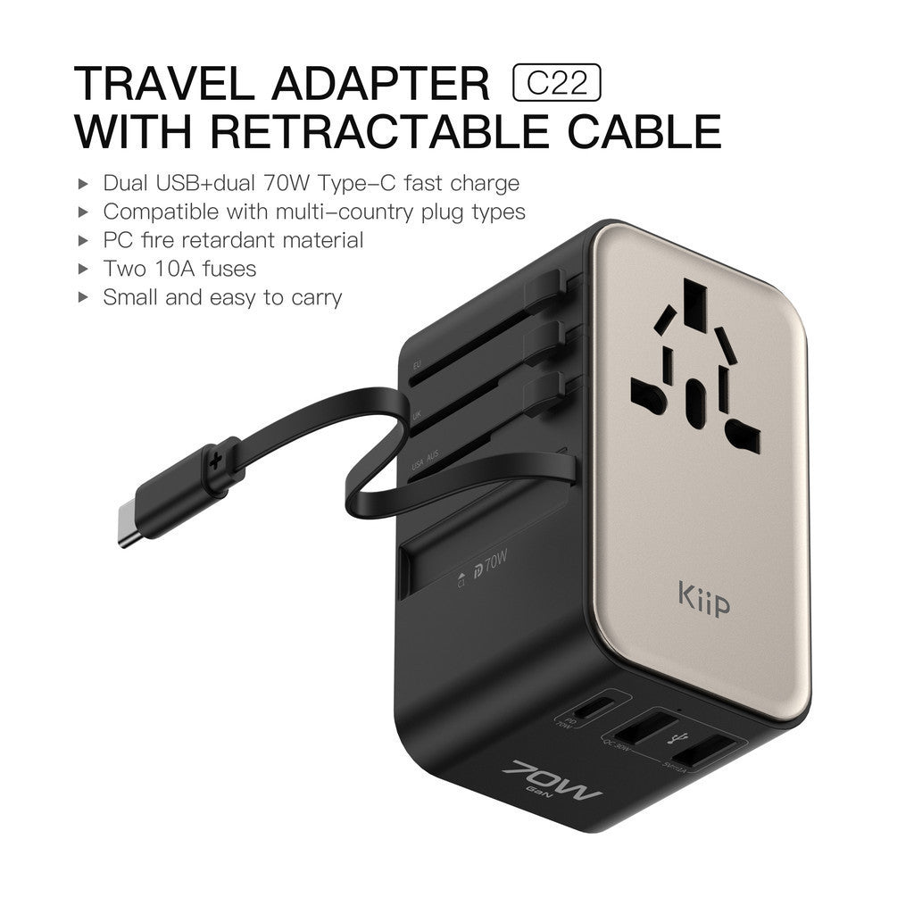 KiiP Travel Adaptor GaN 70W Adapter Charger Universal PD 3.0 QC 3.0 Fast Charging