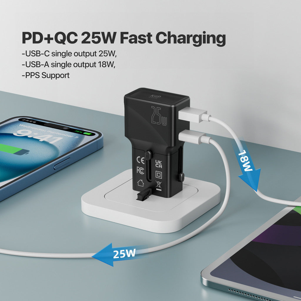 KiiP C24T Universal Travel Adaptor Charger Mini Fast Charging 25W PD QC