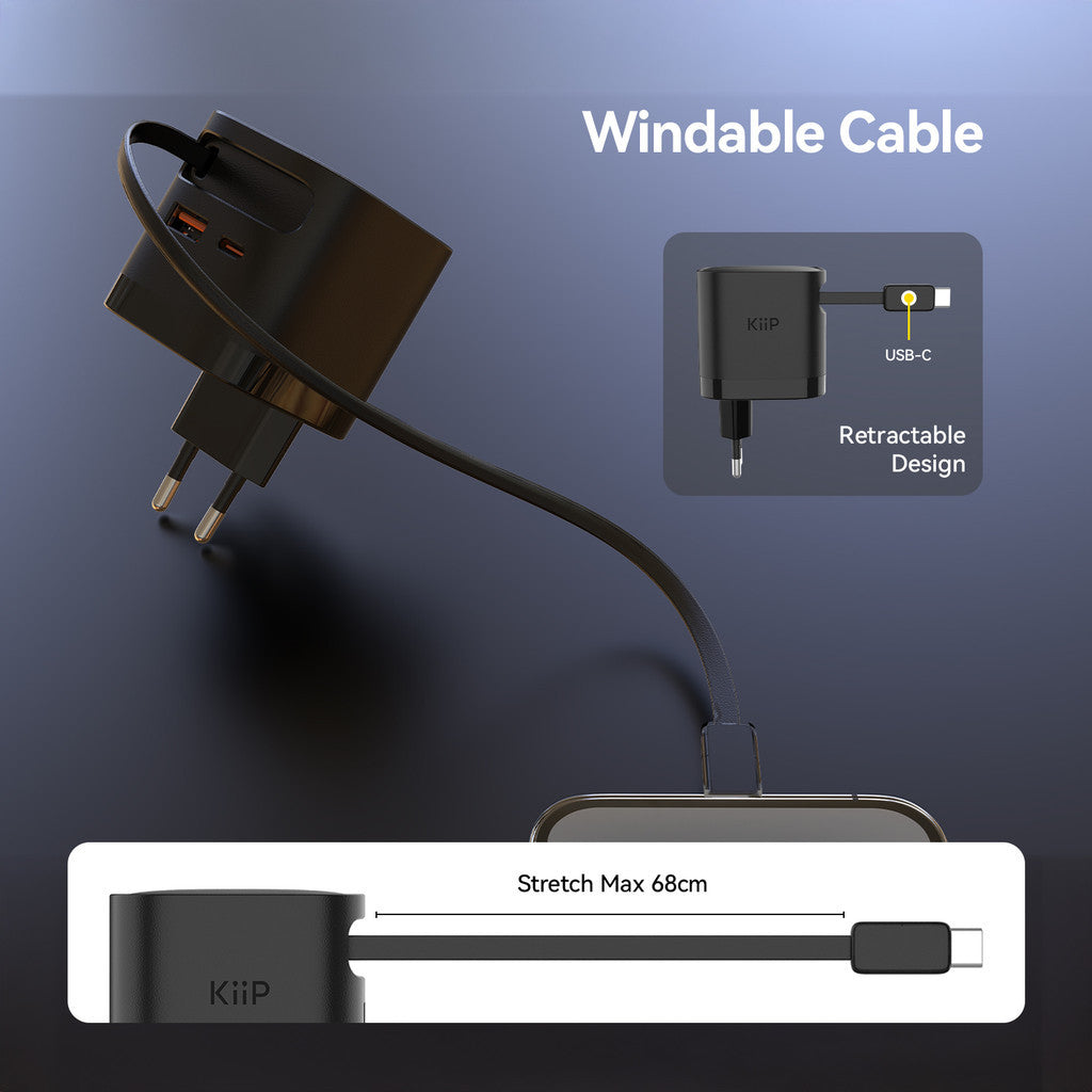 KiiP WH31 Adapter Charger 3in1 Fast Charging GaN 65W Retractable Cable