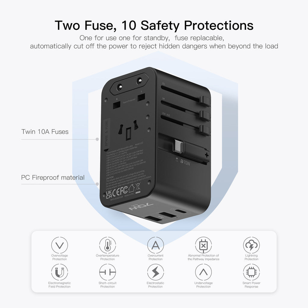 KiiP Travel Adaptor GaN 70W Adapter Charger Universal PD 3.0 QC 3.0 Fast Charging