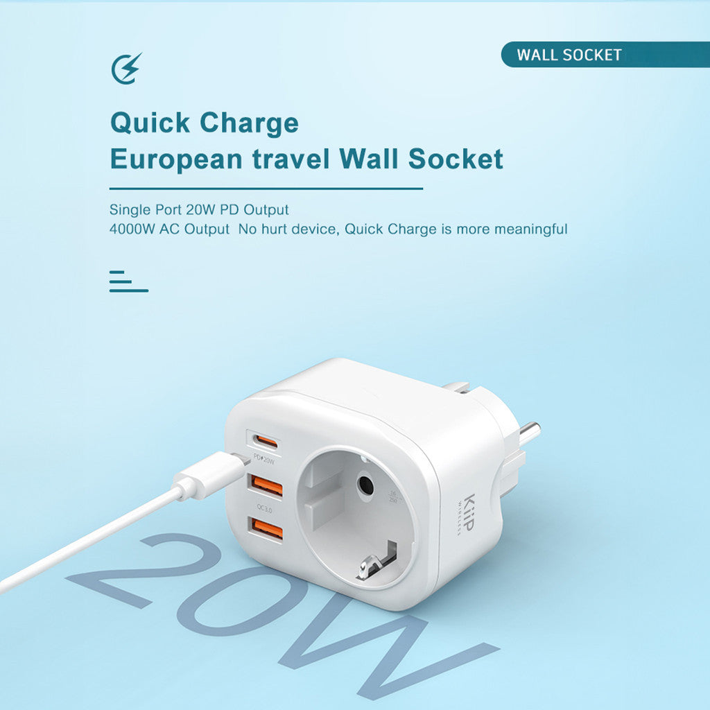 KiiP C26T Travel Adaptor 20W Fast Charging Dual USB (18W)/Type-C (25W)