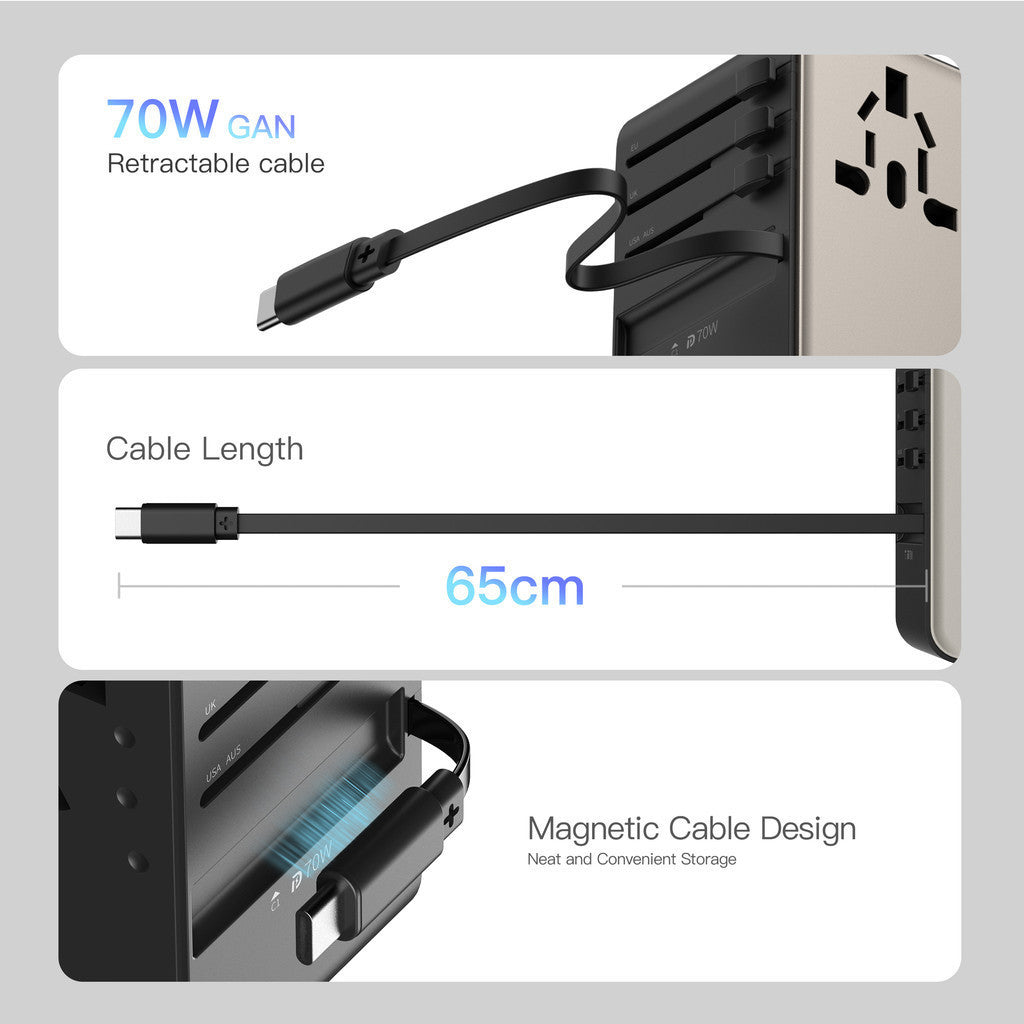 KiiP Travel Adaptor GaN 70W Adapter Charger Universal PD 3.0 QC 3.0 Fast Charging