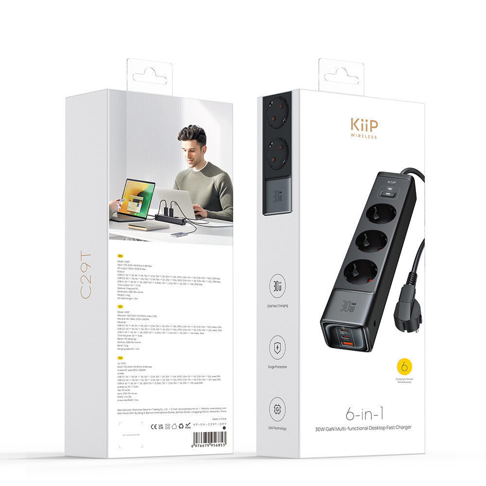 KiiP C29T Smart Power Strip GaN 30W 6in1 Charger Stop Kontak Surge Protection Multiple Socket PPS PD QC