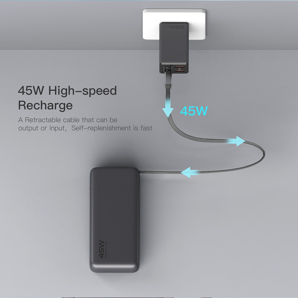 KiiP E66 PowerBank Retractable Cable 20000mAh PD QC PPS Fast Charging 45W