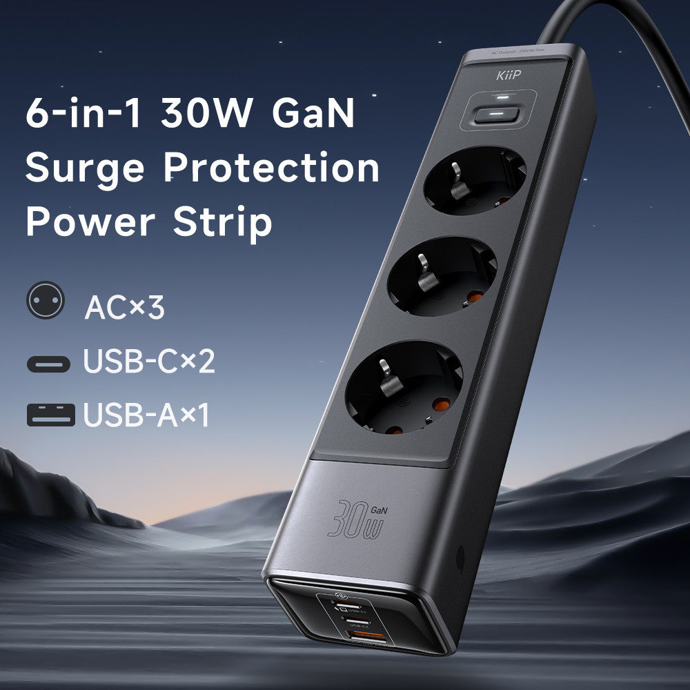 KiiP C29T Smart Power Strip GaN 30W 6in1 Charger Stop Kontak Surge Protection Multiple Socket PPS PD QC