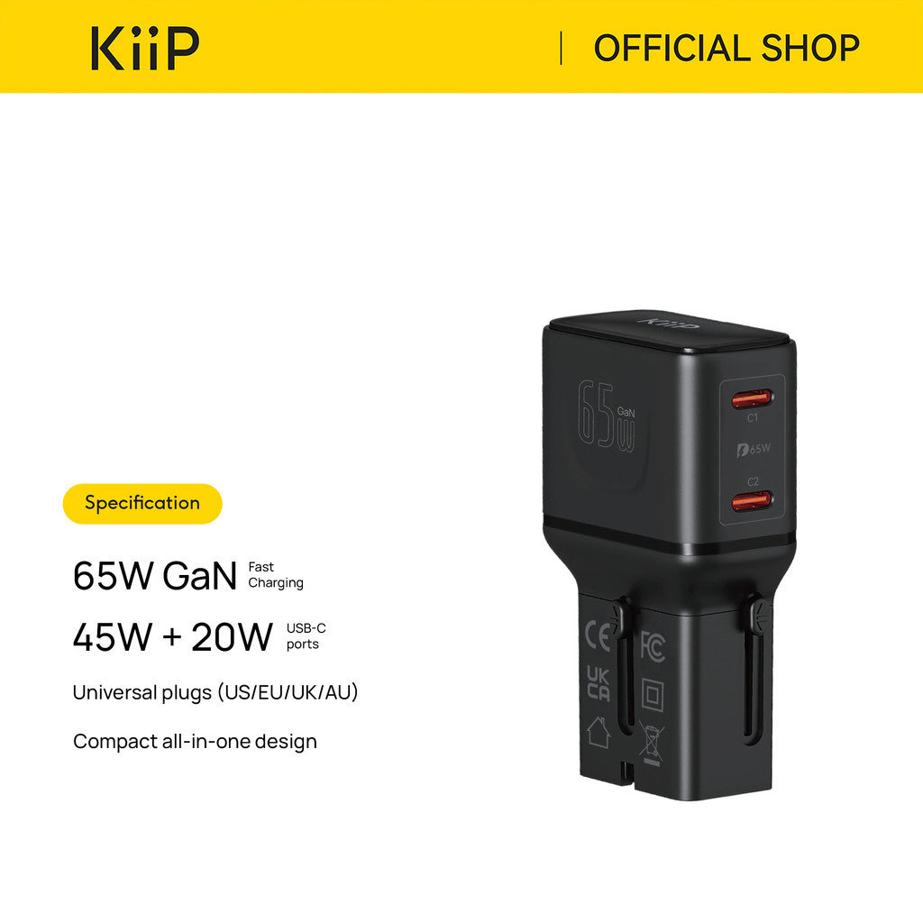 KiiP G65T Universal Travel Adaptor Charger Mini Fast Charging 65w GaN Portable Travel