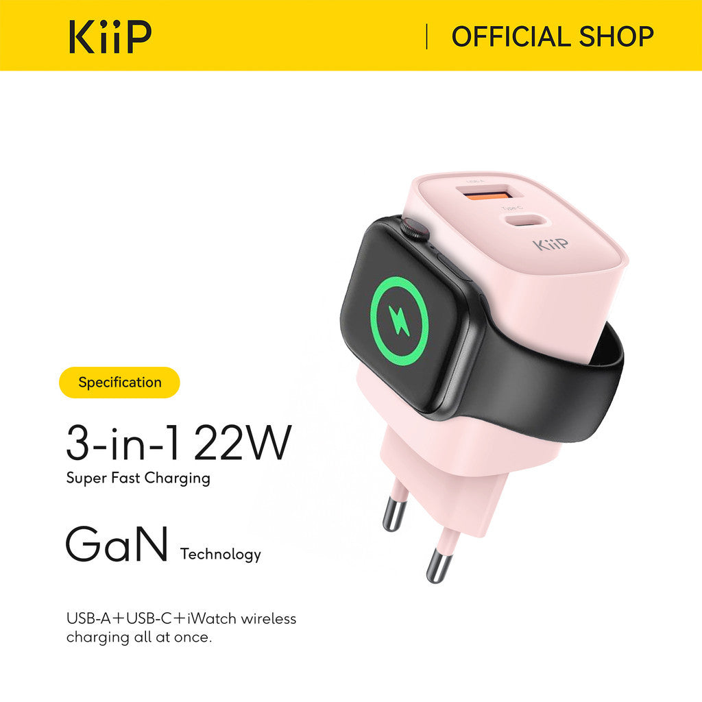 KiiP WH32 Adapter Charger 3in1 Fast Charging GaN6 22W USB-A / USB-C iWatch Wireless Charging