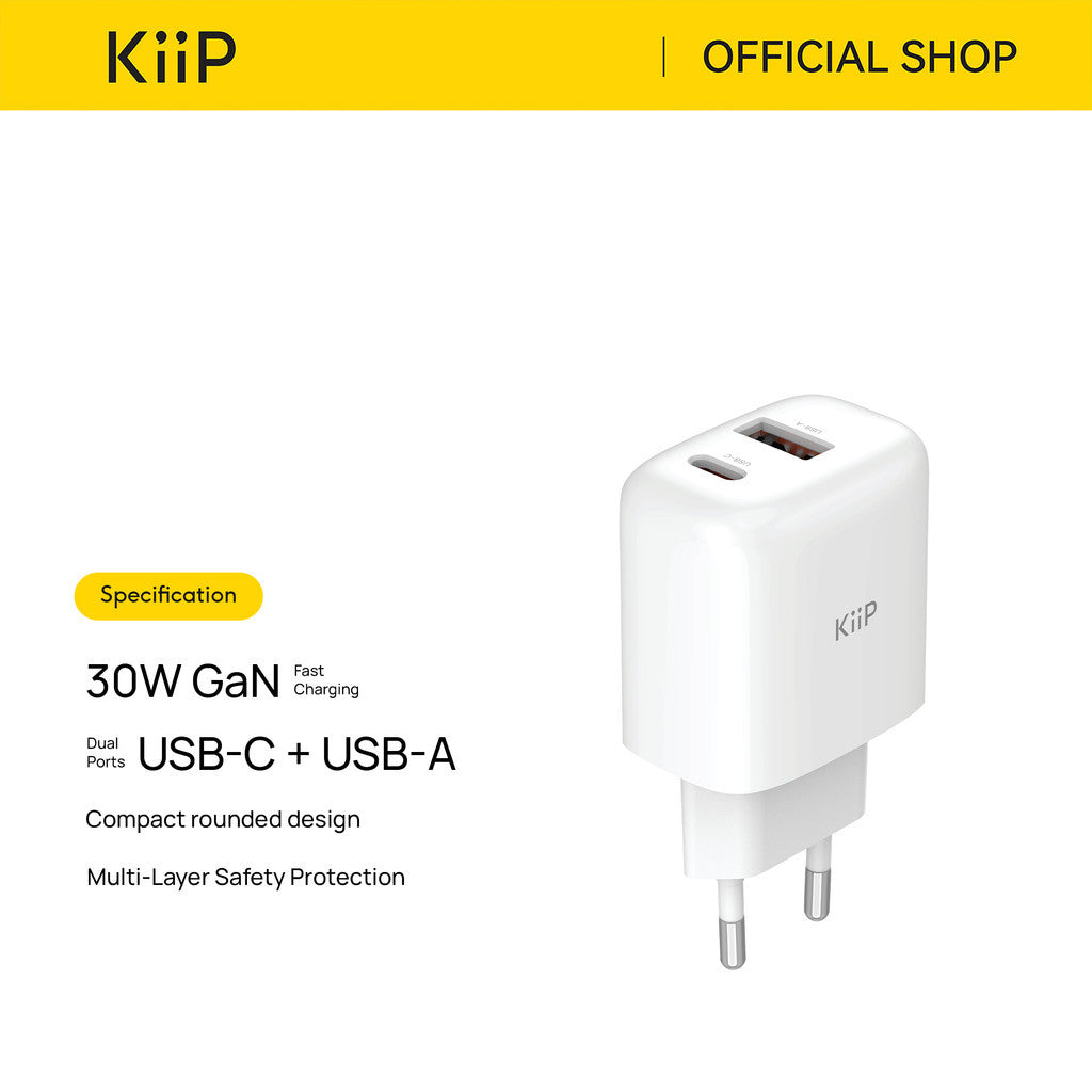 KiiP G30W Wall Charger Adaptor GaN 30W Fast Charging Kepala Charger Mini Travel Adaptor