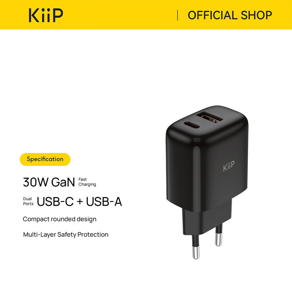 KiiP G30W Wall Charger Adaptor GaN 30W Fast Charging Kepala Charger Mini Travel Adaptor