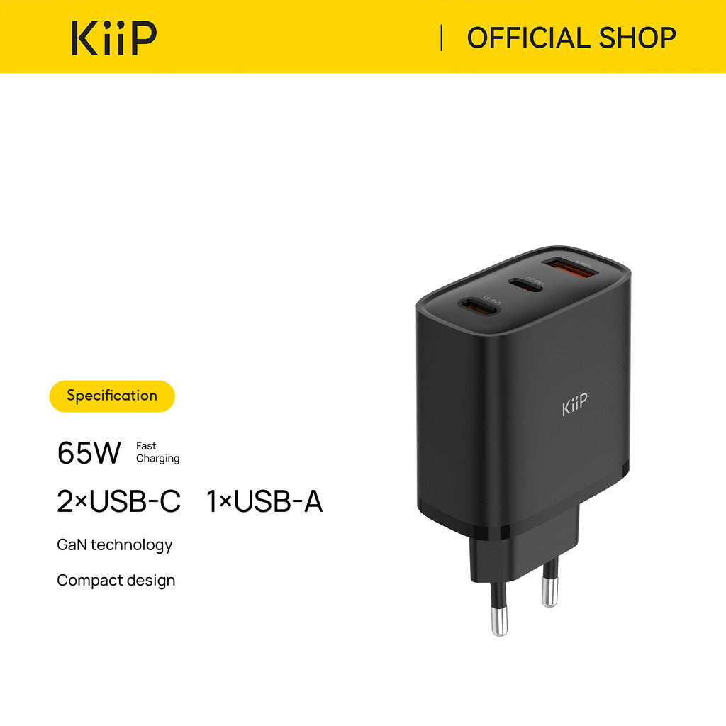KiiP G65W Wall Charger Adaptor GaN 65W Fast Charging Kepala Charger Mini Compact Travel Adaptor