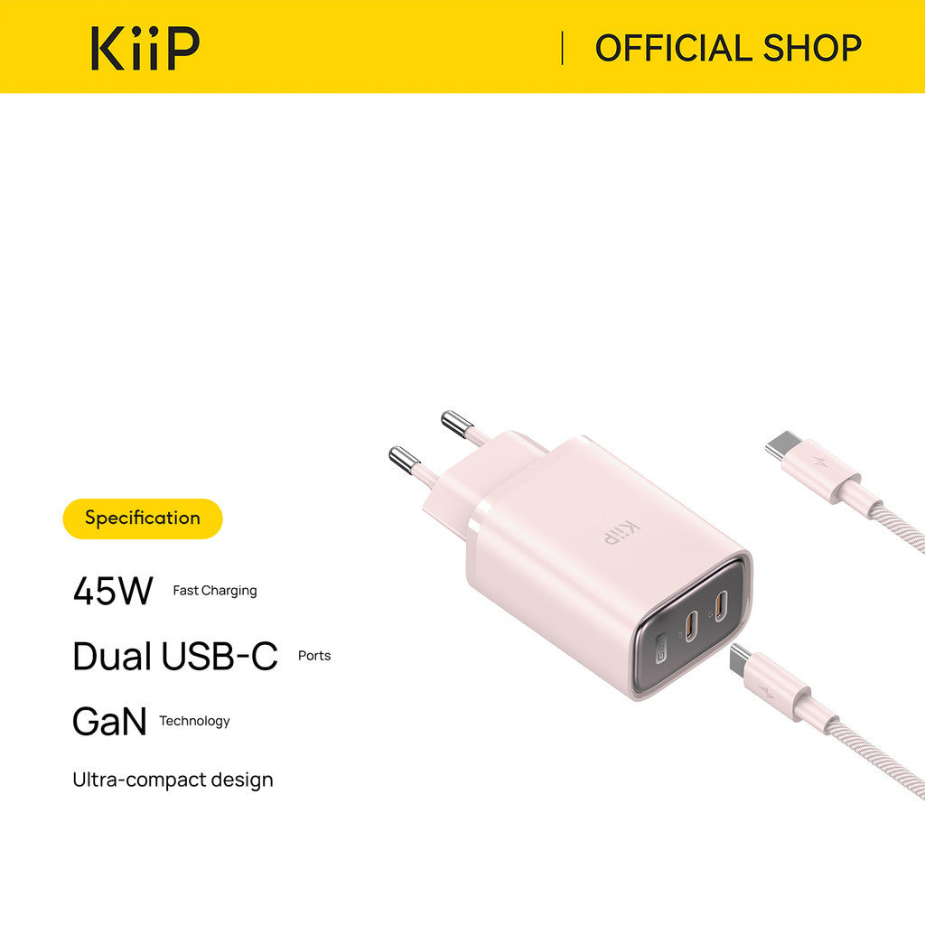 KiiP Mini Wall Charger GaN 45W Fast Charging PD QC 3.0 With Cable