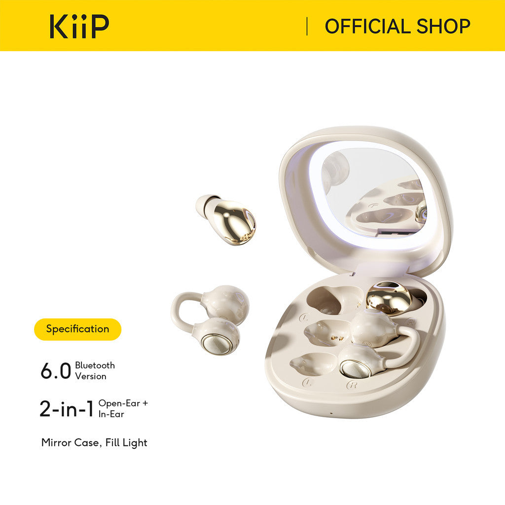 KiiP Airnora 2 In 1 Open Air and In Ear TWS Earphone Earclip Built in Mirror Sleep Earbuds Bluetooth 6.0