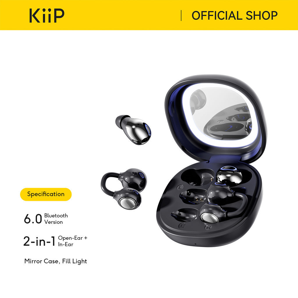 KiiP Airnora 2 In 1 Open Air and In Ear TWS Earphone Earclip Built in Mirror Sleep Earbuds Bluetooth 6.0
