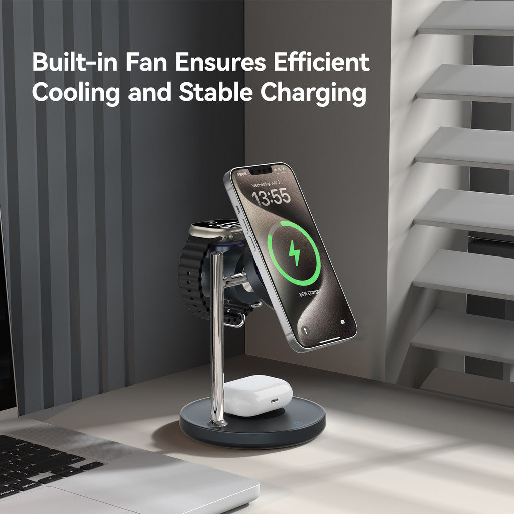 KiiP W10 Qi2.2 3in1 Magnetic Wireless Charging Stand Fast Charging 25W Smart Touch Control Built-in Cooling Fan