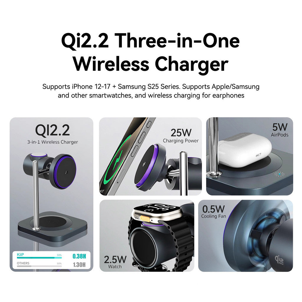 KiiP W10 Qi2.2 3in1 Magnetic Wireless Charging Stand Fast Charging 25W Smart Touch Control Built-in Cooling Fan