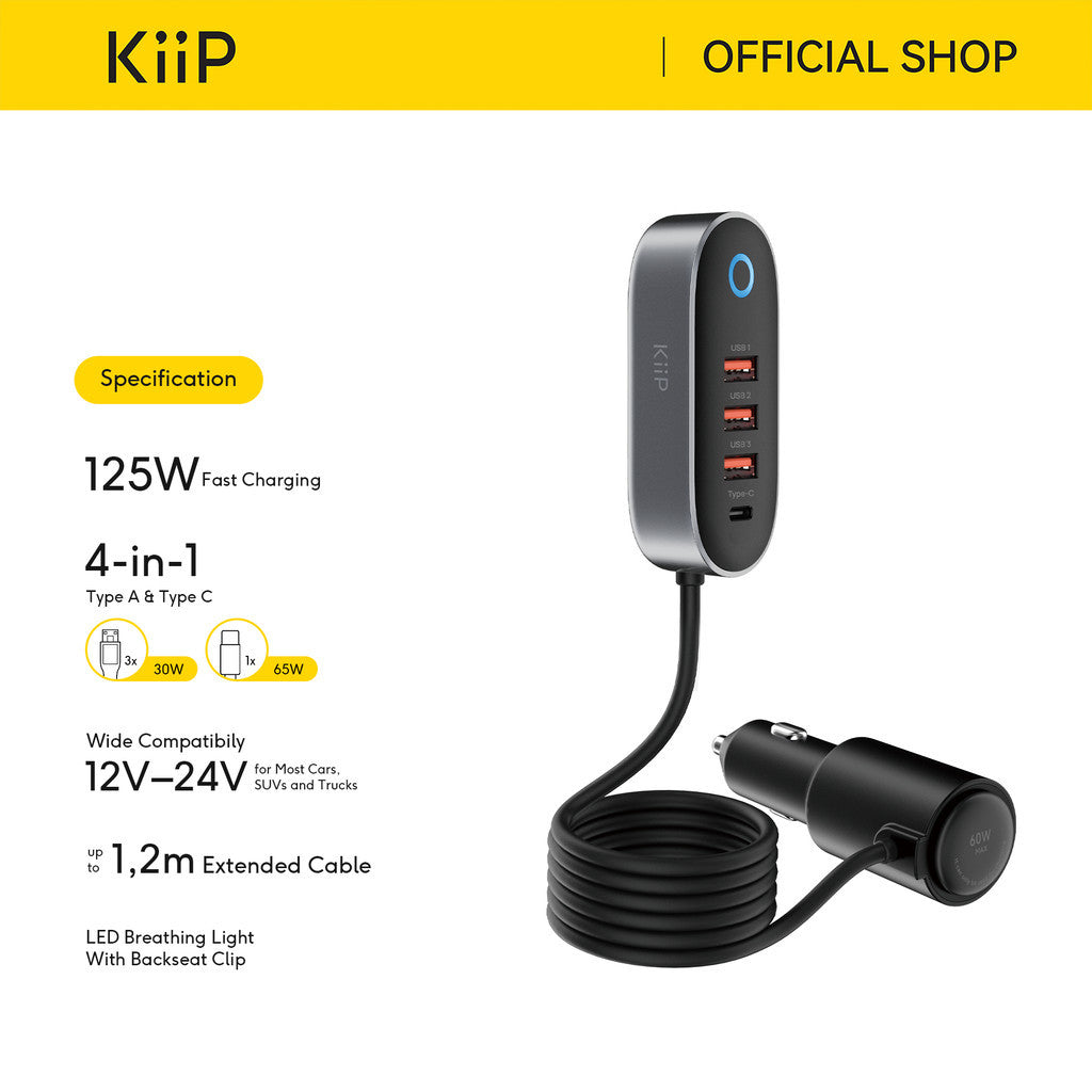 KiiP Car Charger Mobil 125W 4 Ports Type-C USB Fast Charging Adapter Smart Chip Dual Cooling System