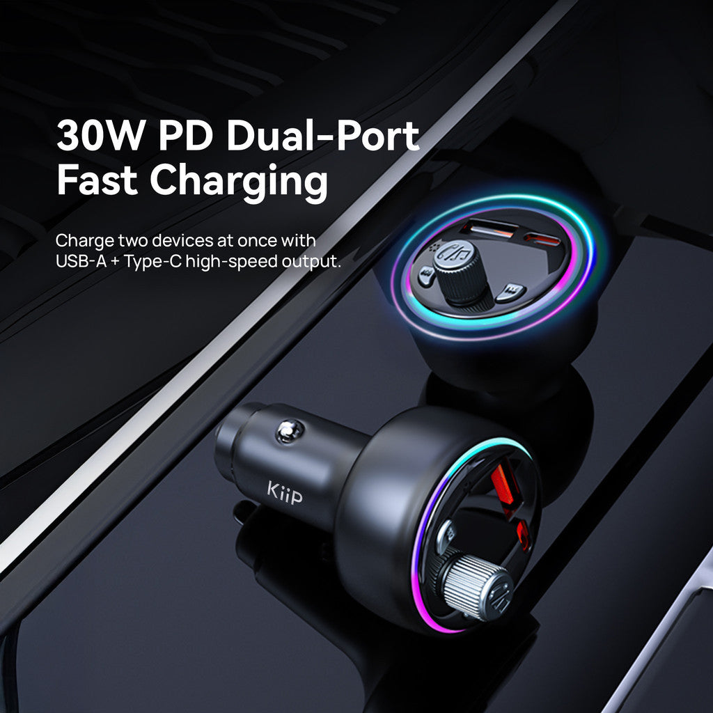 KiiP Car Charger PD 30W Fast Charging USB A + Type C FM Transmitter
