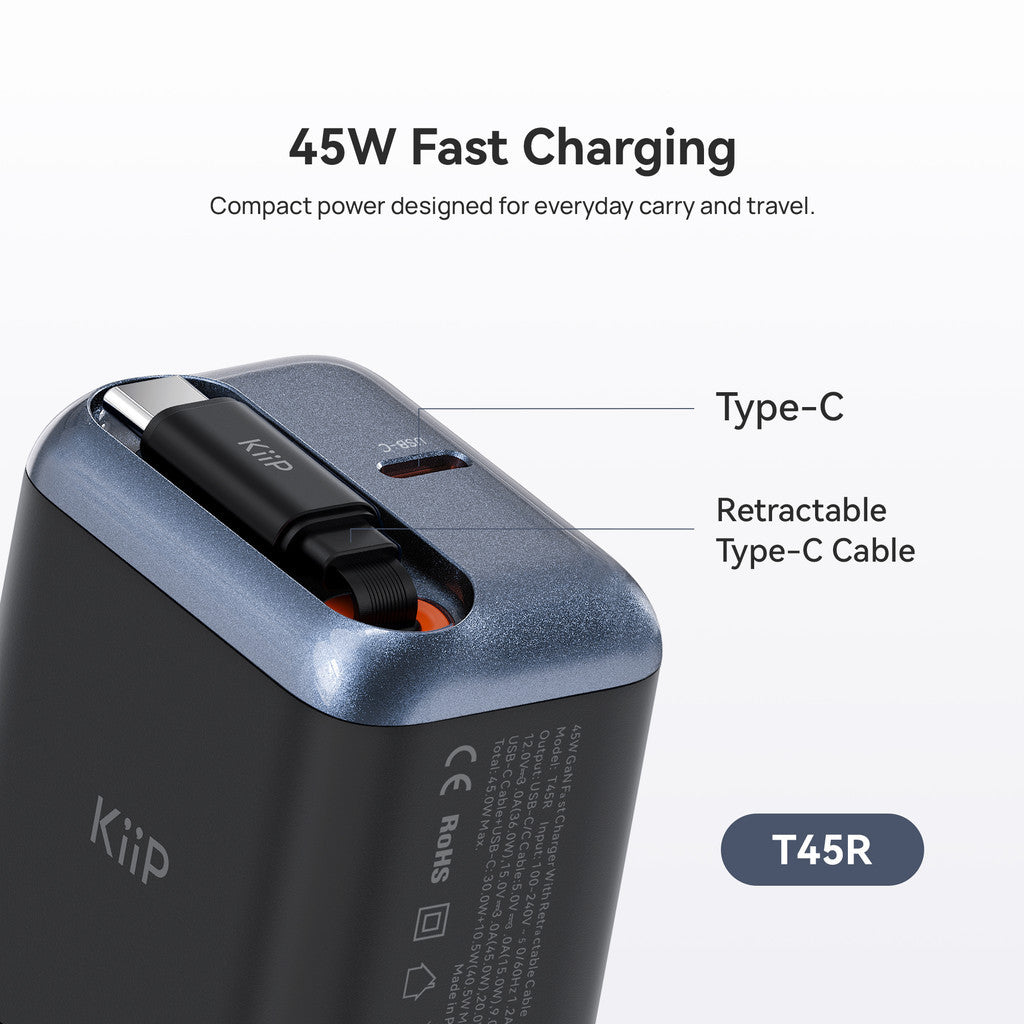 KiiP AuraMax Series GaN Charger Retractable up to 65W Mini Wall Adaptor Travel Kepala Charger Fast Charging