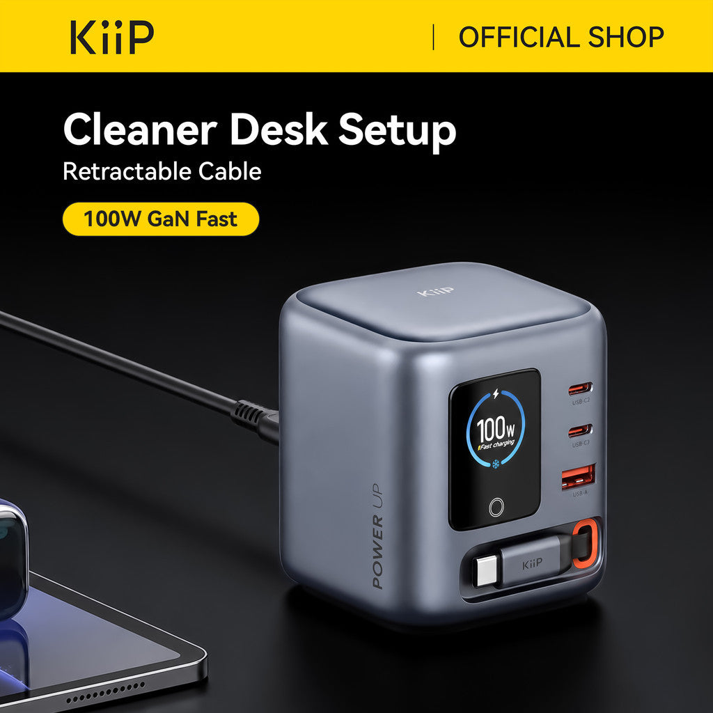 KiiP AuraMax Series PowerCombo GaN Charger Retractable 100W Mini Wall Adaptor Travel Kepala Charger Fast Charging