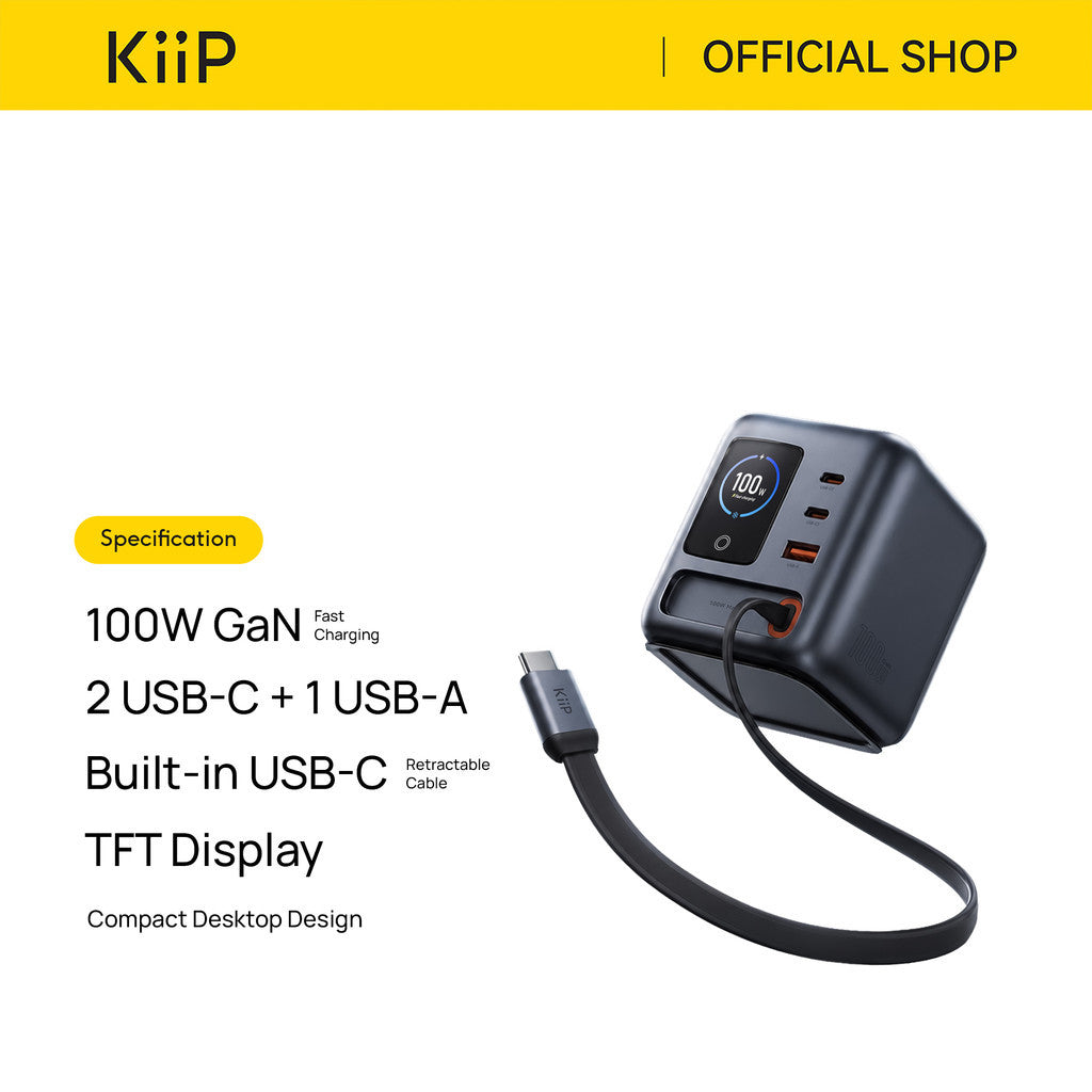 KiiP AuraMax Series PowerCombo GaN Charger Retractable 100W Mini Wall Adaptor Travel Kepala Charger Fast Charging