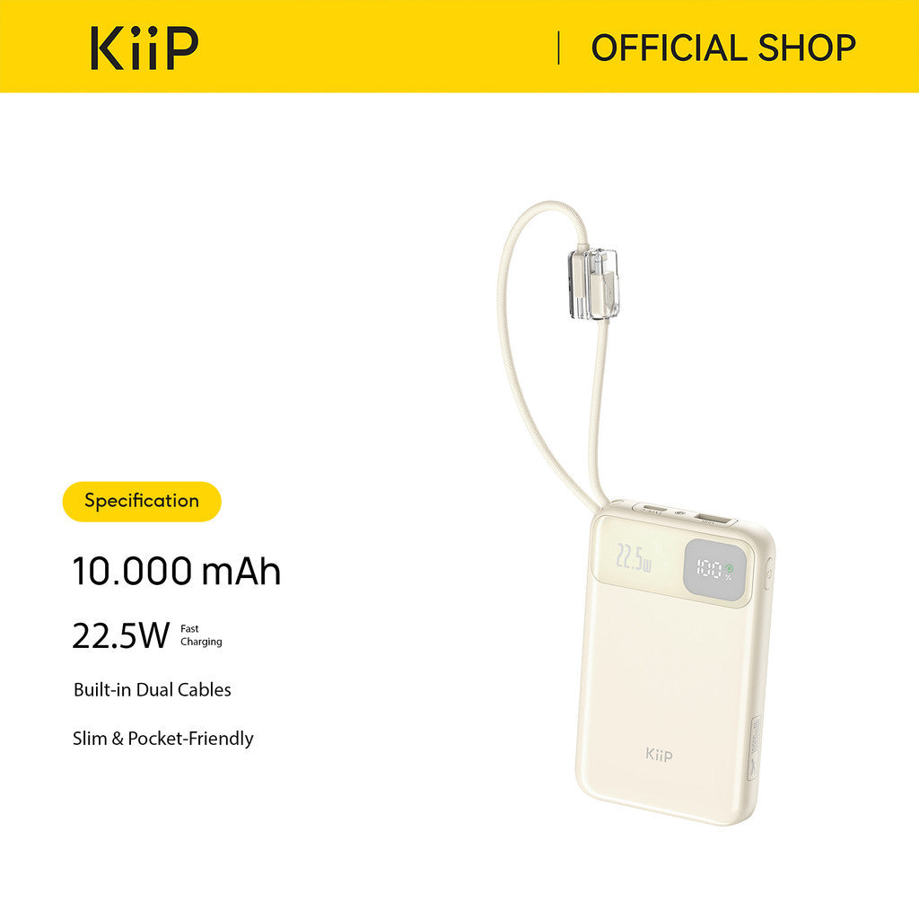 KiiP SnapLink Power Bank 10000mAh 22.5W Fast Charging Built-in Type- C + Lightning Cables and Digital Display