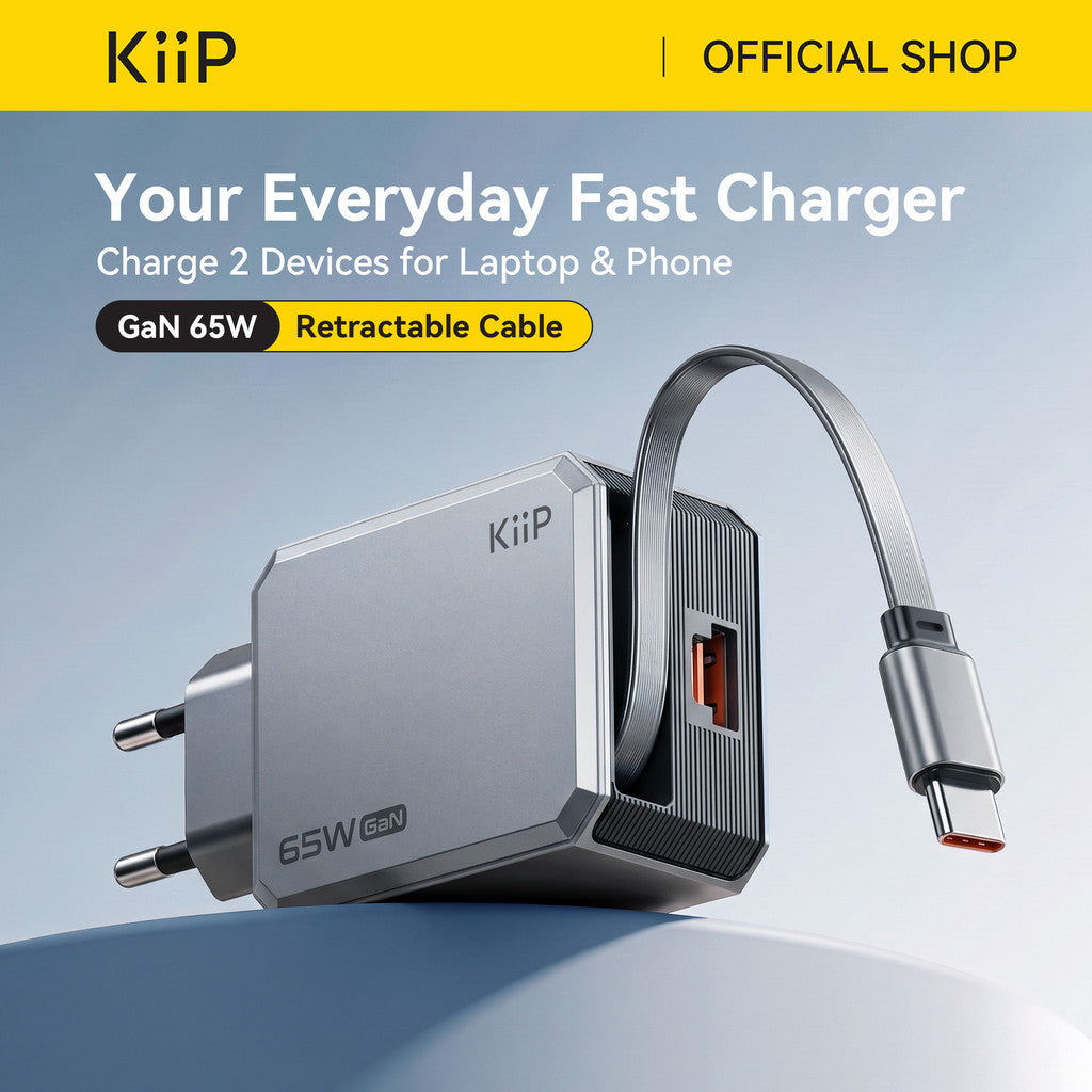 KiiP C65E GaN Retractable Charger 65W Mini Wall Adaptor Travel Kepala Charger Fast Charging