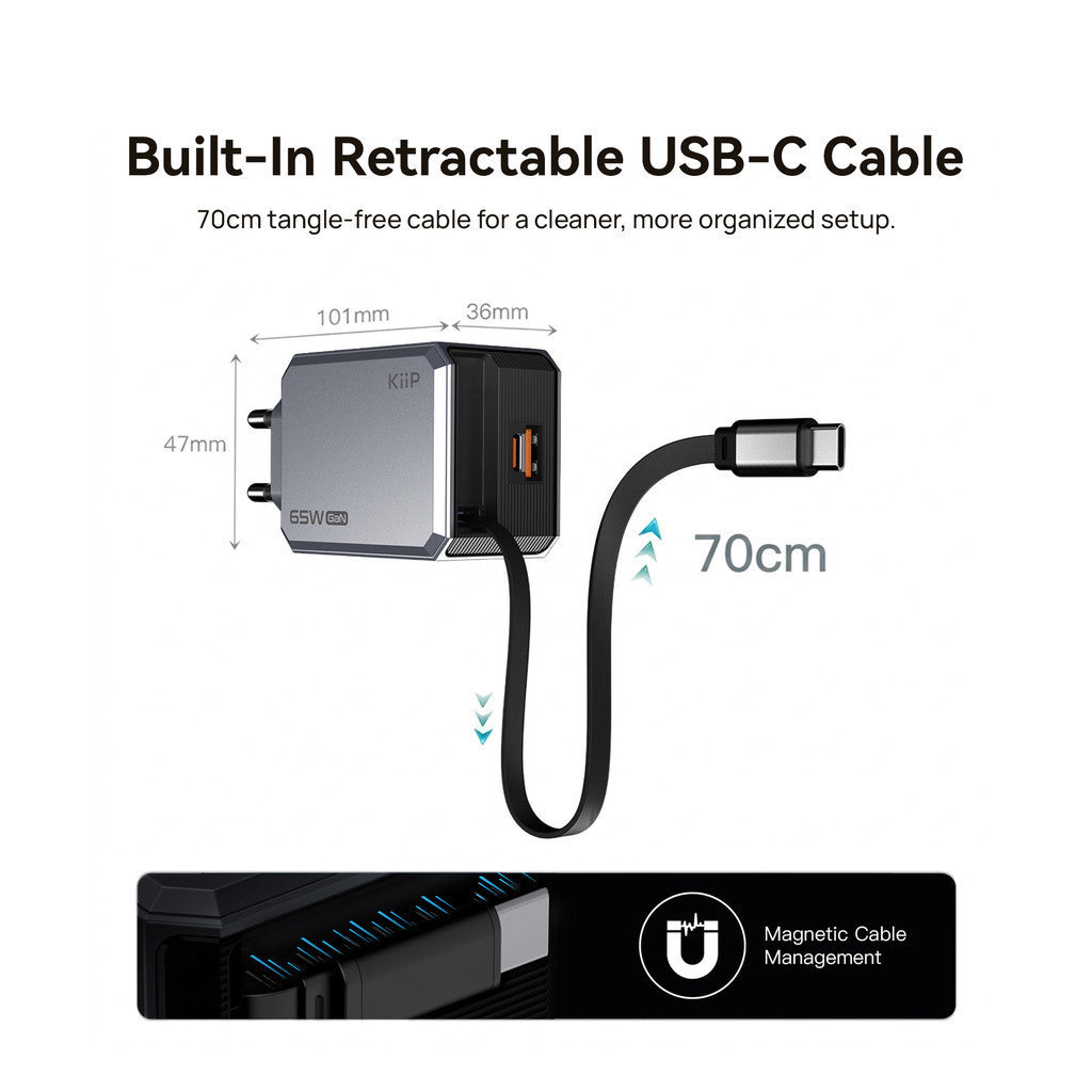 KiiP C65E GaN Retractable Charger 65W Mini Wall Adaptor Travel Kepala Charger Fast Charging