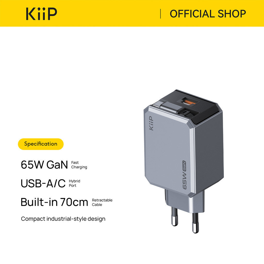 KiiP C65E GaN Retractable Charger 65W Mini Wall Adaptor Travel Kepala Charger Fast Charging