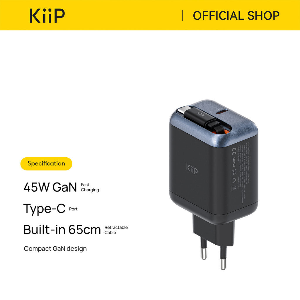 KiiP AuraMax Series GaN Charger Retractable up to 65W Mini Wall Adaptor Travel Kepala Charger Fast Charging