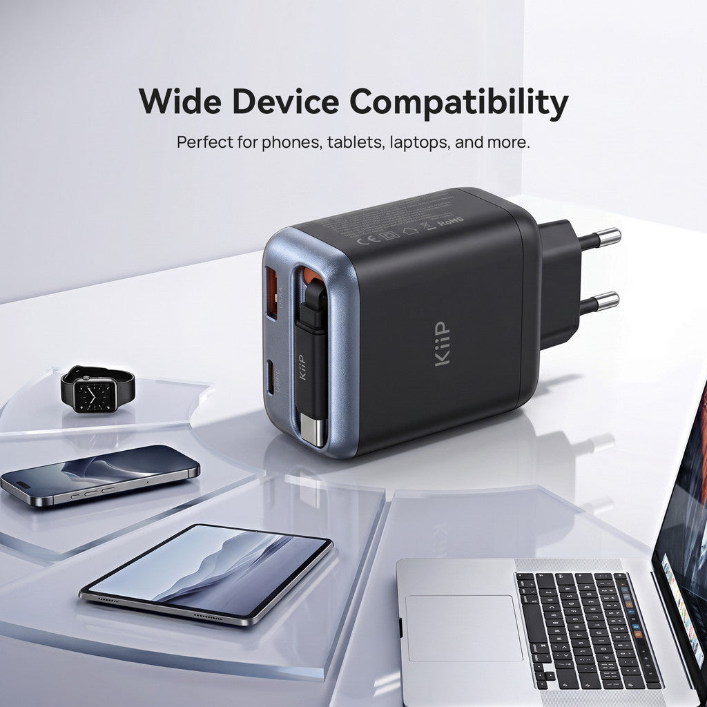 KiiP AuraMax Series GaN Charger Retractable up to 65W Mini Wall Adaptor Travel Kepala Charger Fast Charging